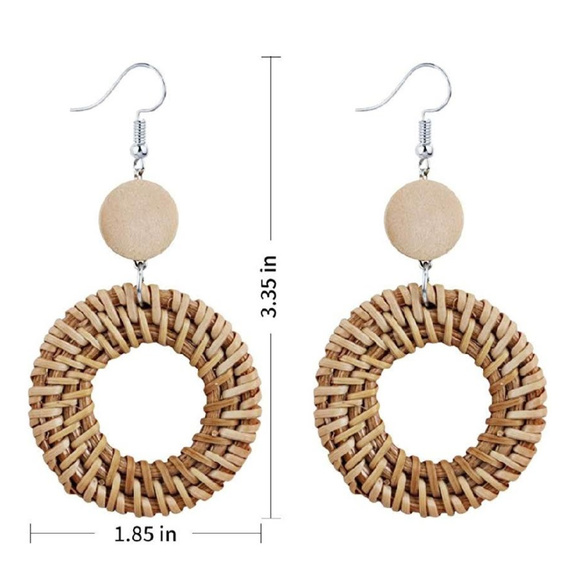 Bohemian Hand Woven Rattan Hoop Dangle Earrings - Picture 2 of 4